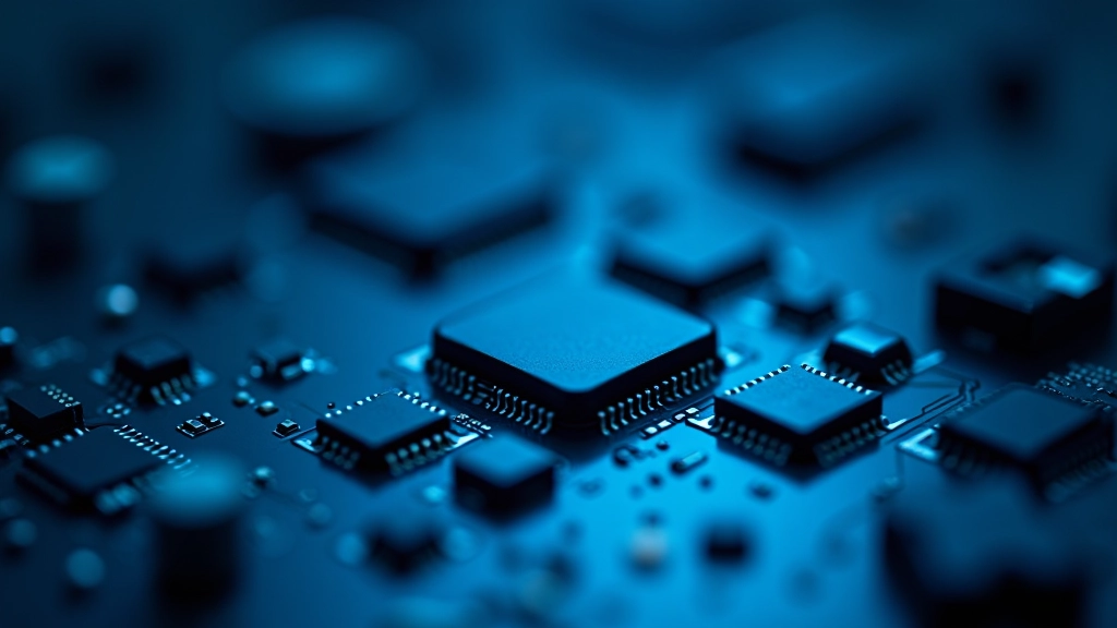 Elektronické součástky na desce s mikroprocesory a integrovanými obvody, modrý odraz osvětlení
