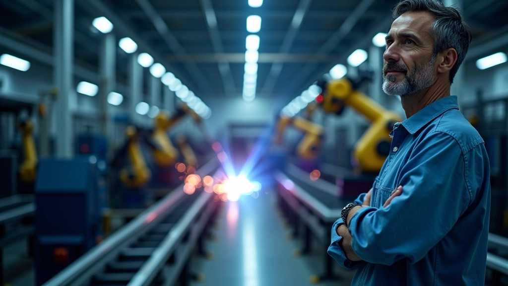 Moderní automobilová továrna s robotickými svařovacími stroji a transportními pásy, oranžový bezpečnostní osvětlení